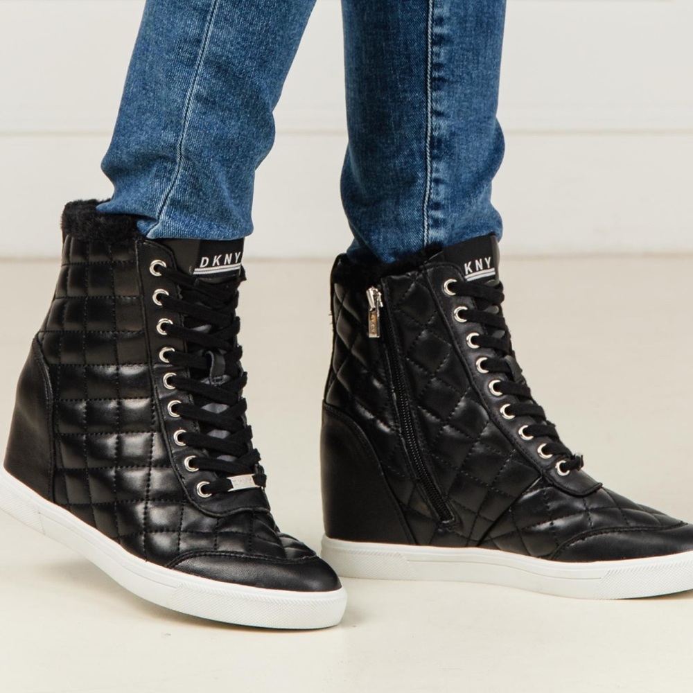 DKNY Circa Black Quilted Short Boot with 3inch Hidden wedge.